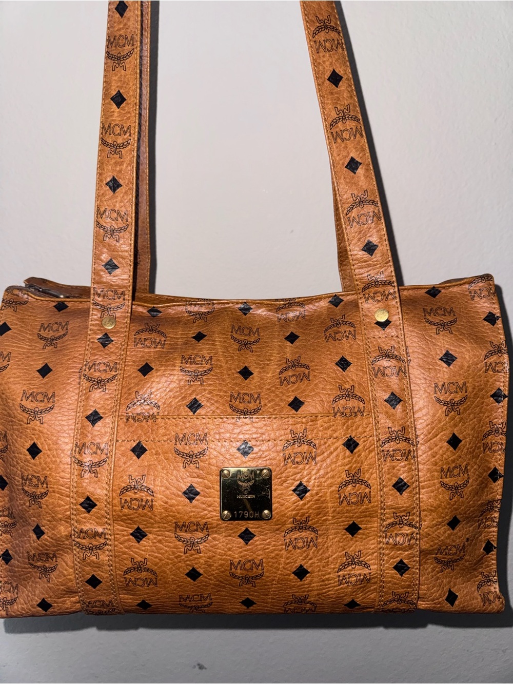 MCM Cognac Monogrammed Visetos Leather Tote with COA